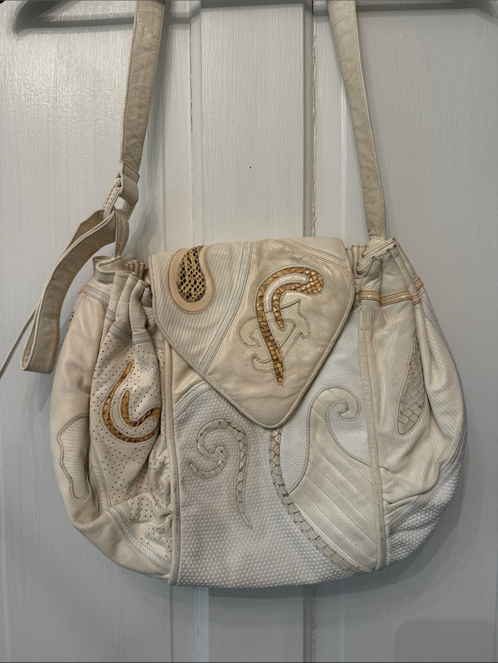 Women's Cream Leather Patchwork Shoulder Bag